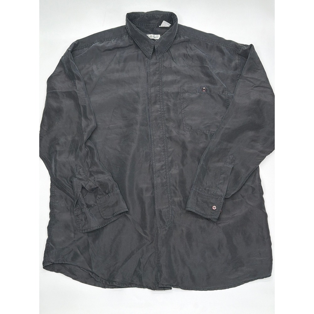 Pavo Mens 100% Silk Button Down Shirt Long Sleeve Black Hidden Placket Medium